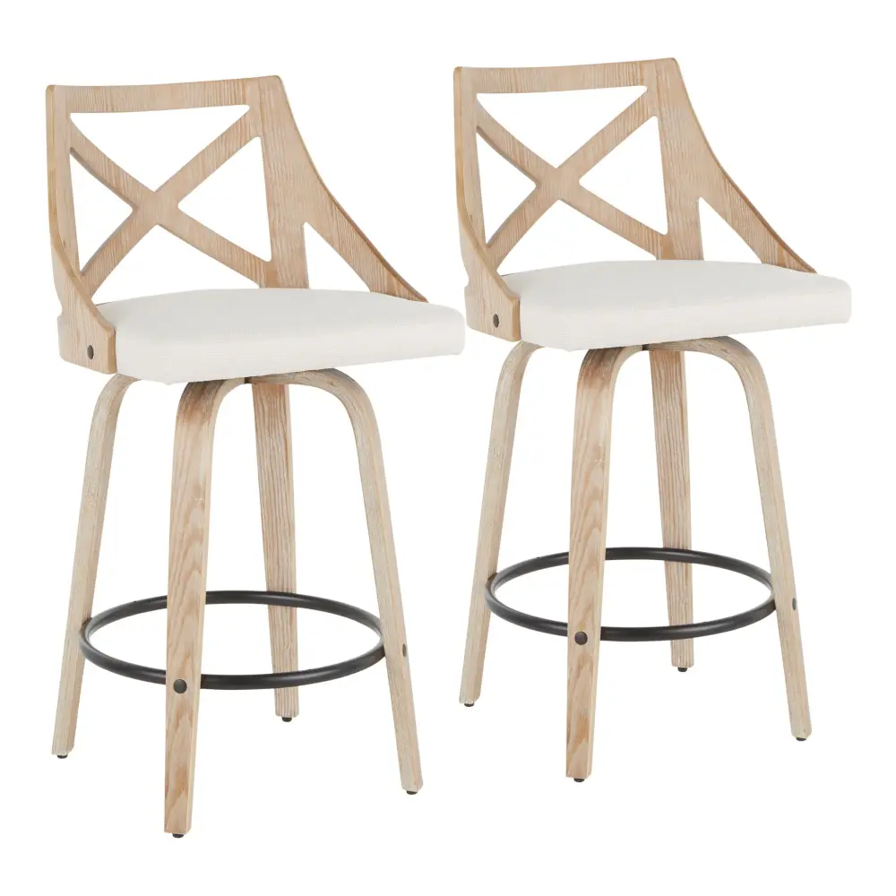 Charlotte - Farmhouse Fixed Height Counter Stool Spin (Set 2) - White Washed / Cream