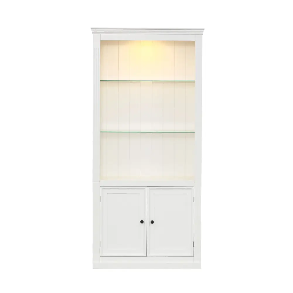 Retro Style Display Bookcase Adjustable LED Ceiling Light And Tempered Glass Shelves - Chalk