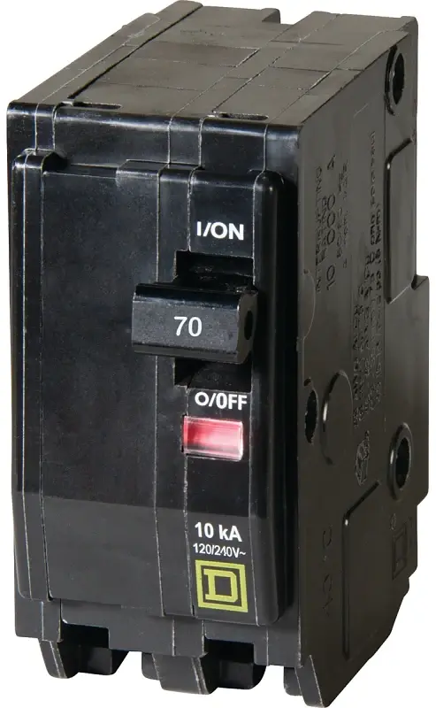 Square D QO QO270CP Circuit Breaker, Mini, 70 , 2 -Pole, 120/240 VAC, 48 VDC, Plug Mounting, Ebony
