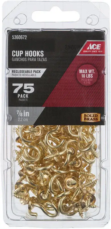 Ace Small Bright Brass Cup Hook 1.875 . 30 lb Capacity 40 Pack