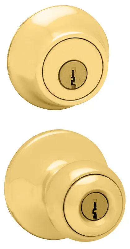 Kwikset Polo Polished Brass Deadbolt and Entry Door Knob 1-3/4 Inch