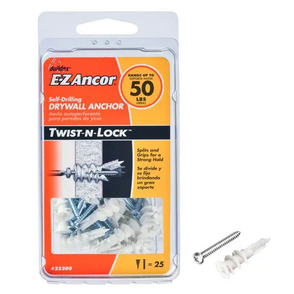 E-Z Ancor 25200 Twist-N-Lock Self Drilling Drywall Anchor 50 Lb 25-Pack Heavy Duty Hanging