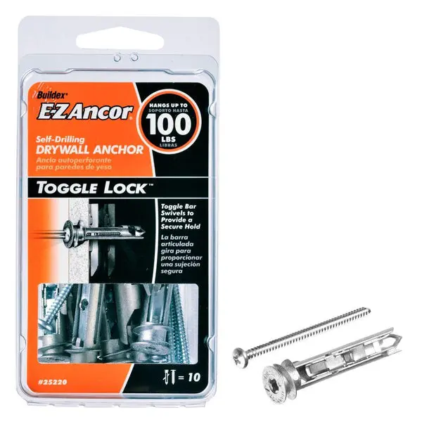 E-Z Ancor 25220 Toggle-Lock Self-Drilling Drywall Anchors 100 Lb 10-Count