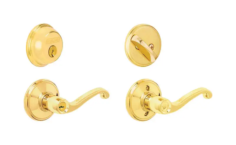 Schlage Flair Bright Brass Deadbolt and Entry Door Knob 1-3/4 Enhanced Security