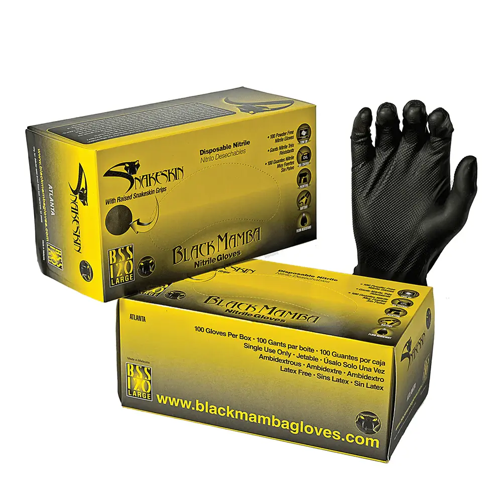 Black Mamba Snakeskin Industrial Strength Powder Free Nitrile Gloves Raised Grip - Box 50