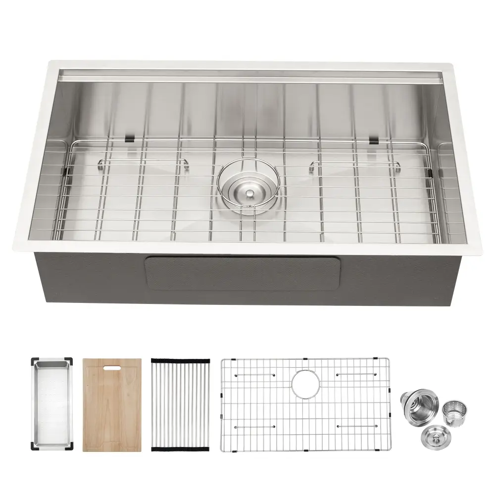 33" Undermount Kitchen Sink Single Bowl Stainless Steel Ledge Workstation Brushed Nickel, 16 Gauge 304 Stainless Alloy, 33...