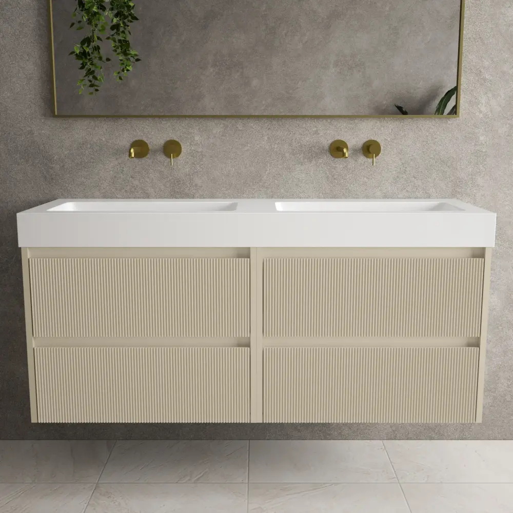 Scanalato Four Drawer Vanity Unit Beyondstone BLOC Duplicate Basin - Cashmere 1400mm