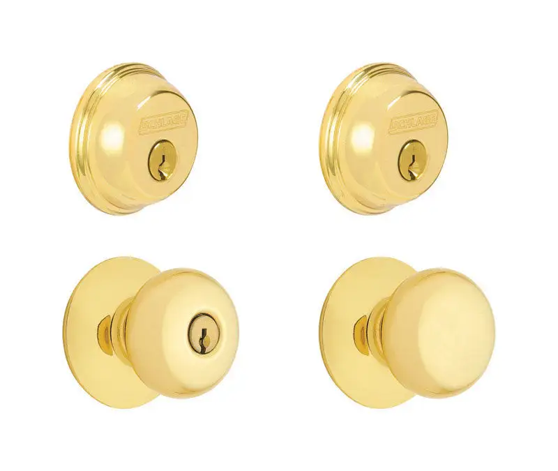 Schlage Plymouth Bright Brass Knob and Double Cylinder Deadbolt 1-3/4 .