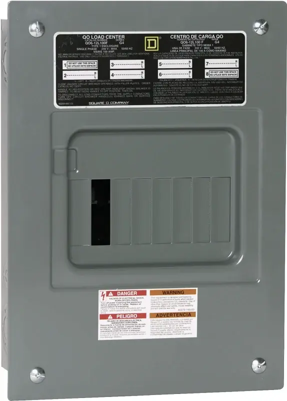 Square D QO QO612L100FCP Load Center, 100 , 6-Space, 12-Circuit, Central Lug, NEMA 1 Enclosure, Plug, Gray