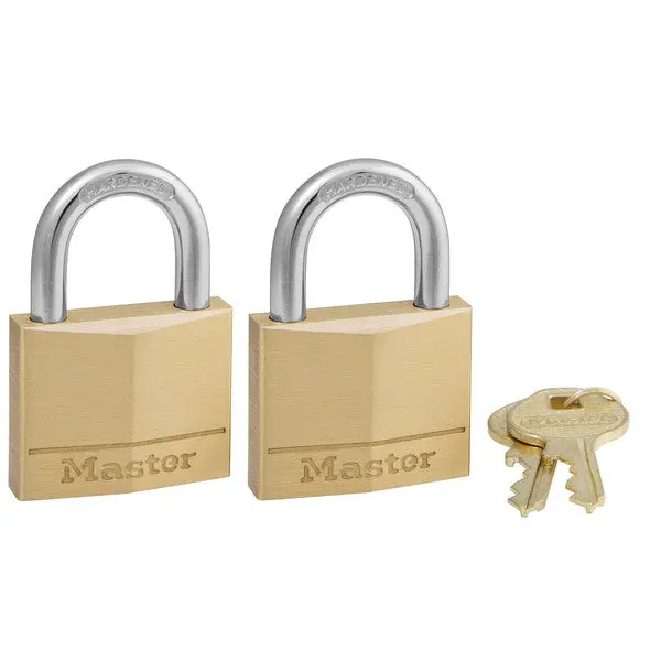 Master Lock 140T Keyed Alike Solid Brass Padlock 1-9/16 Inch 2-Pack Secure Locks