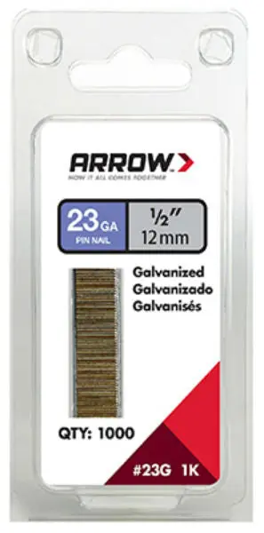 Arrow Fastener 23G12-1K Galvanized Pin Nails 23-Gauge 1/2 Inch 1000-Pack Trim Work