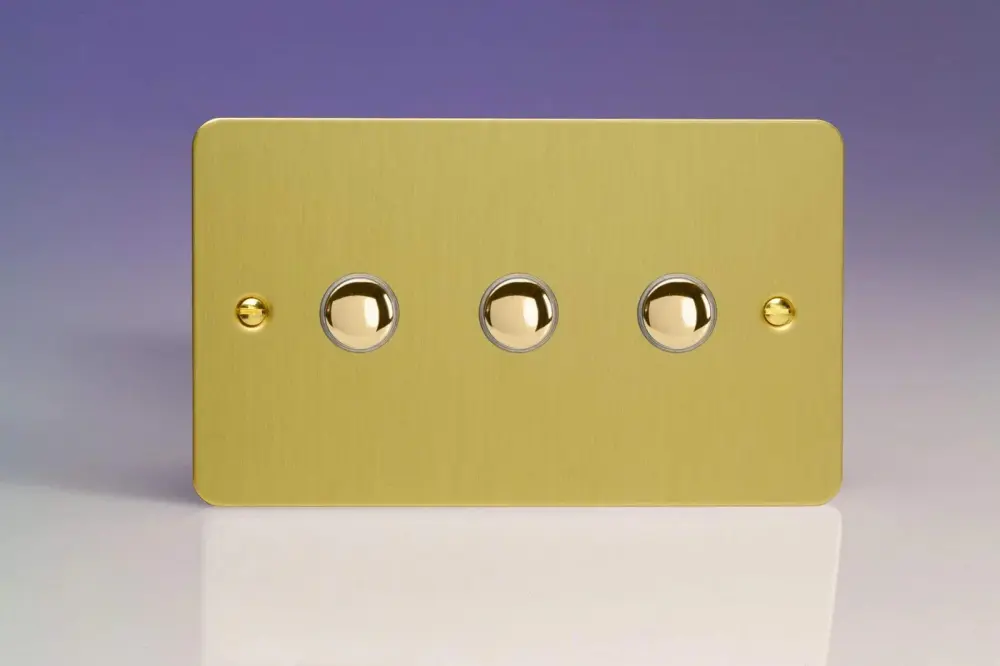 Three Way Varilight 3-Gang 6A 1- or 2-Way Push-On/Off Impulse Switch (Twin Plate) Textured Brass XFBP3