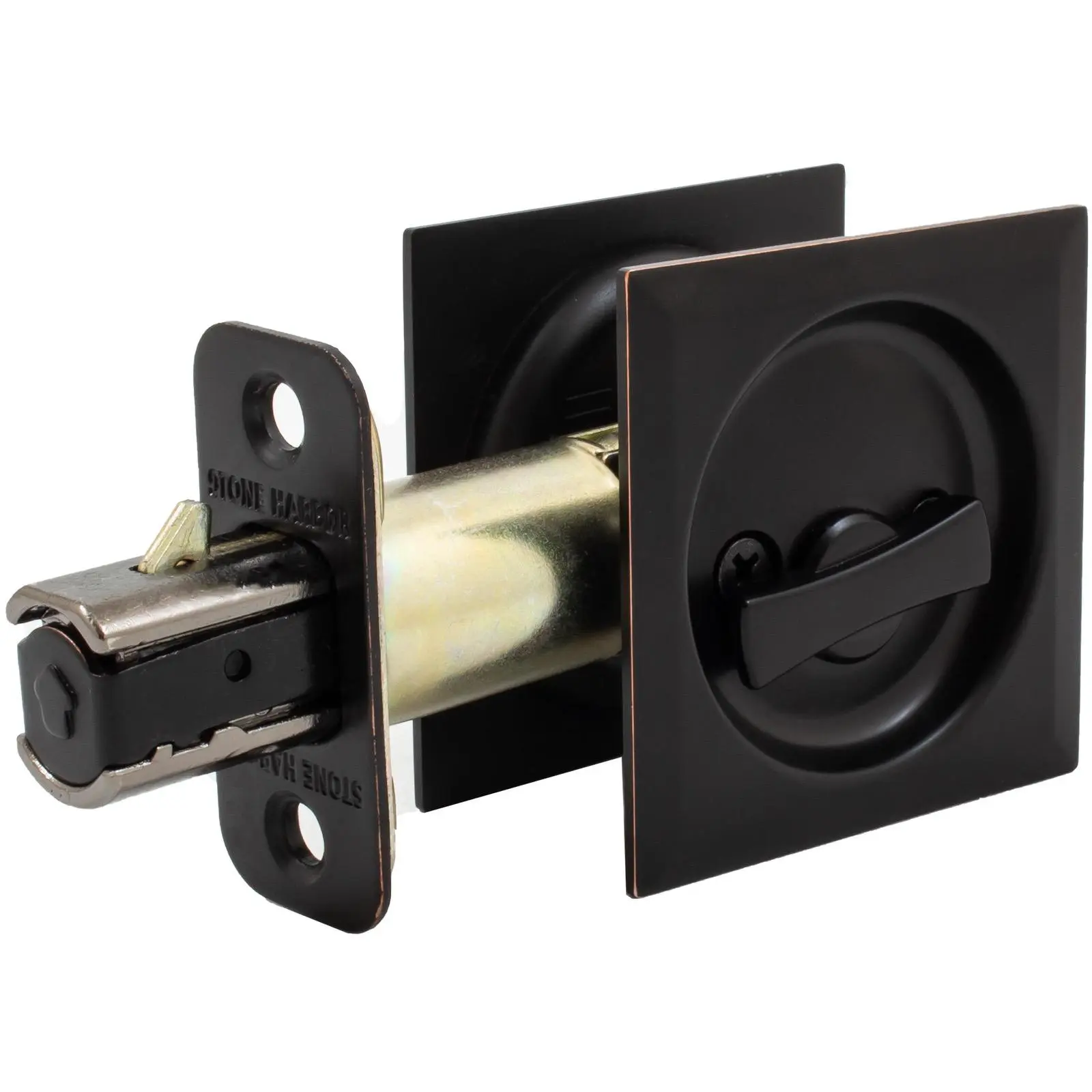 Contemporary Square Pocket Door Lock Privacy Latch 2-3/4 Backset Vintage Bronze Bed or Bath