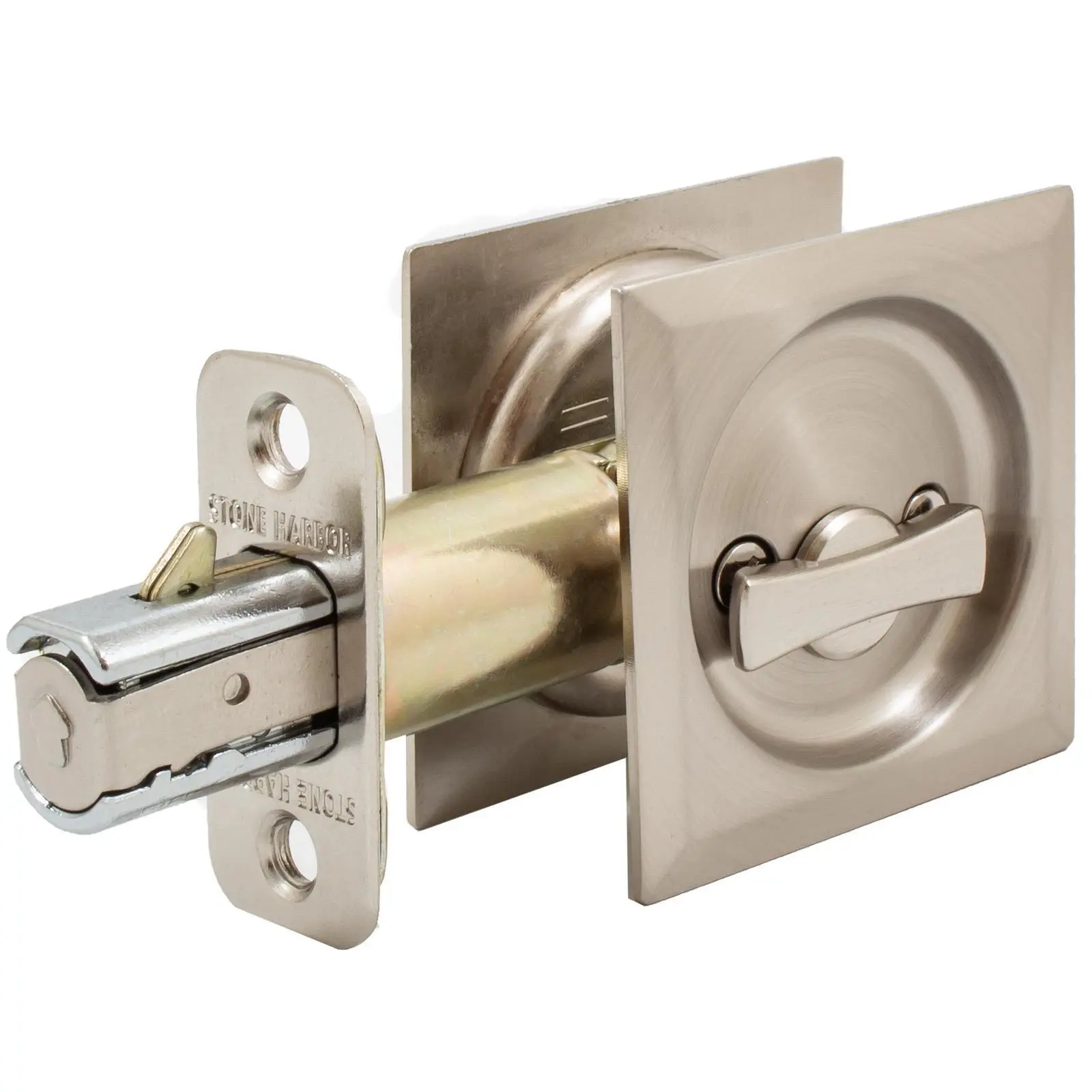 Contemporary Square Pocket Door Lock Privacy Latch 2-3/8 Backset Satin Nickel Bed or Bath