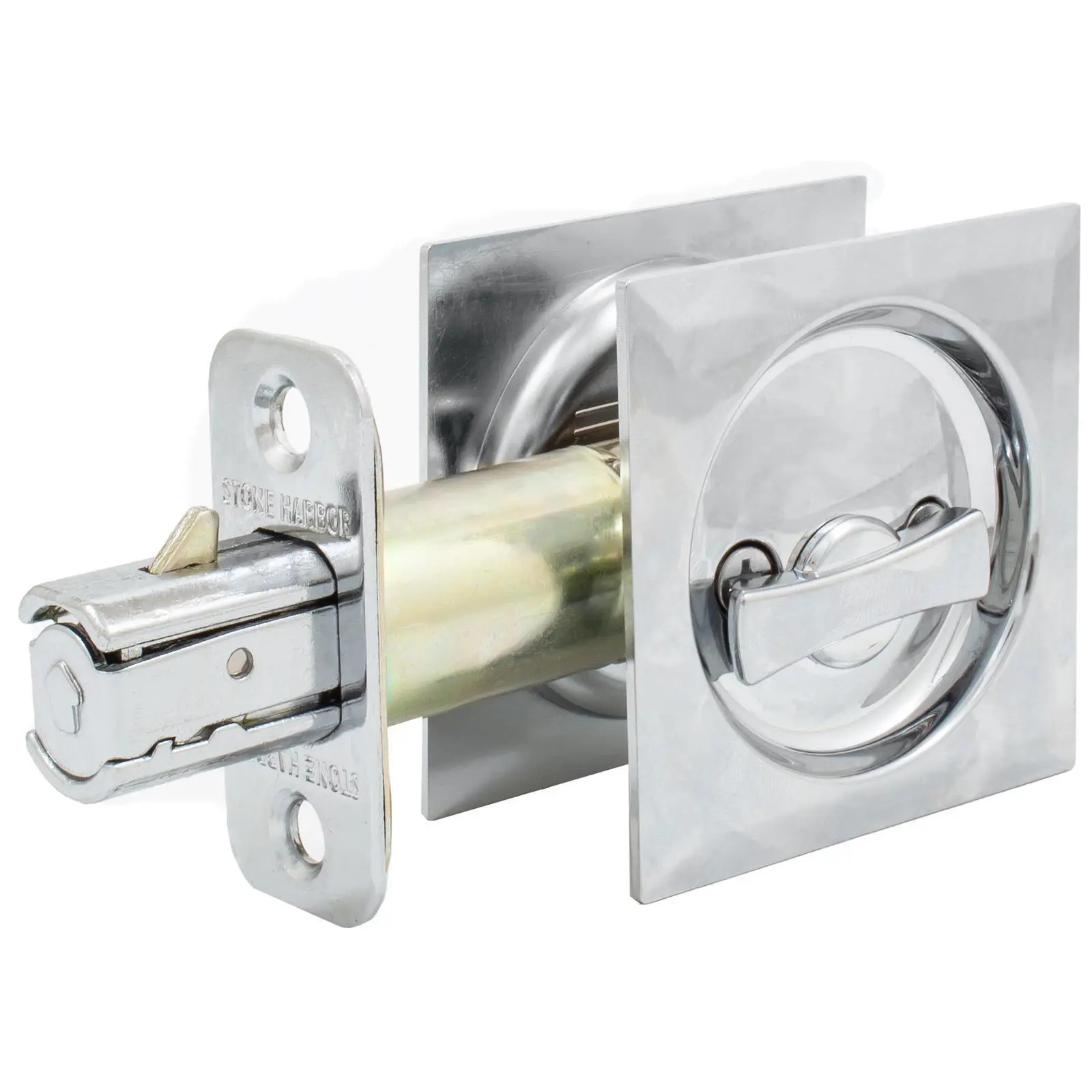 Contemporary Square Pocket Door Lock Privacy Latch 2-3/8 Backset Polished Chrome Bed or Bath