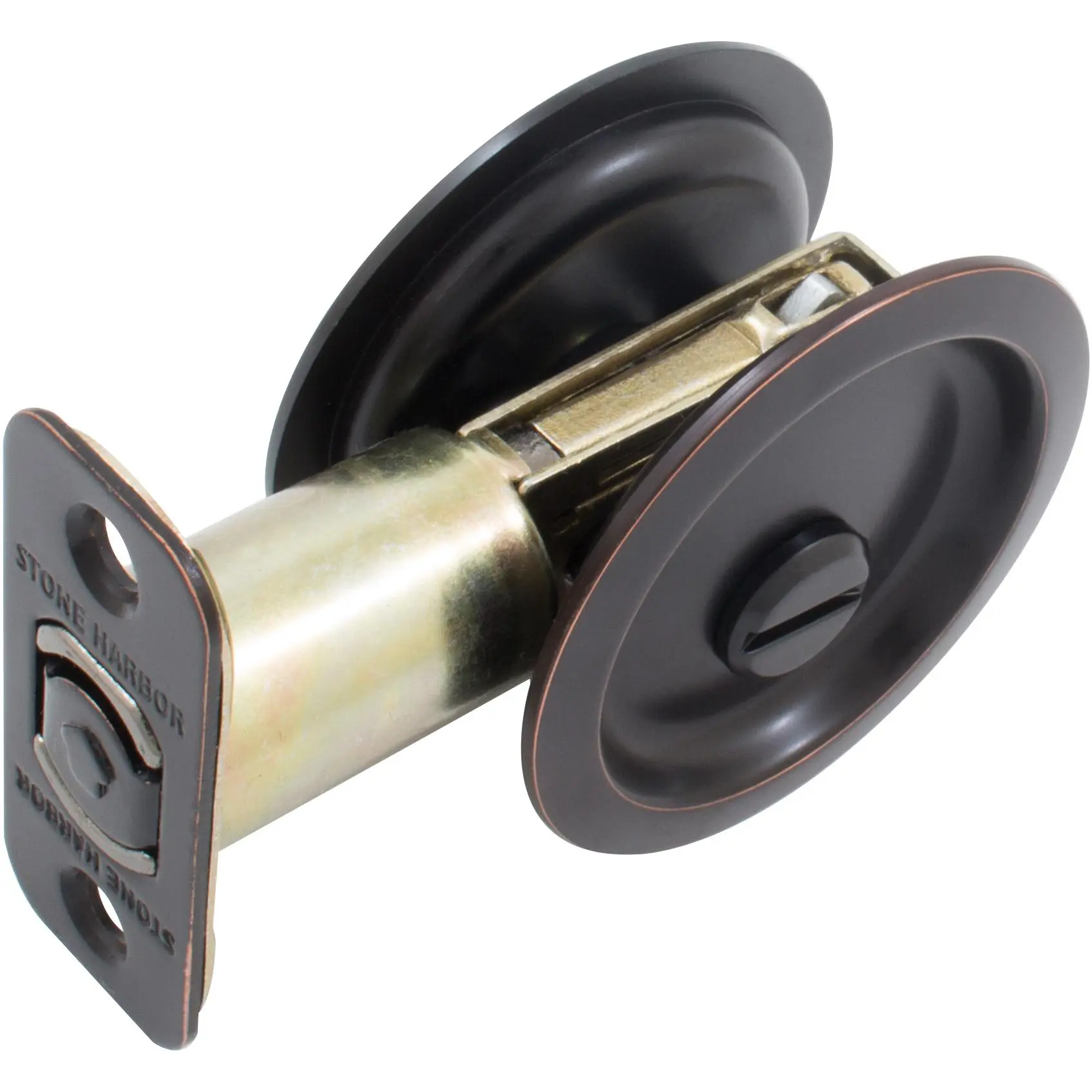 Stone Harbor Round Pocket Door Lock Privacy Latch 2-3/8 Backset Vintage Bronze Bed Bath