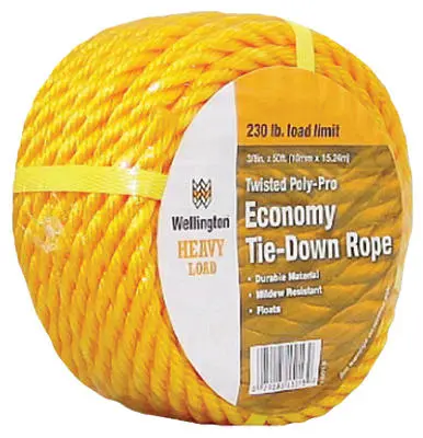 Wellington Twisted Poly-Pro Economy Tie Down Rope 3/8 Inch x 50 Feet Yellow Securing Loads