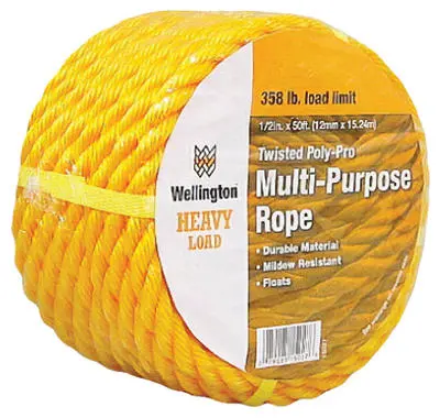 Wellington Twisted Poly-Pro Multi Purpose Rope 1/2 Inch x 50 Feet Yellow Heavy Duty Use