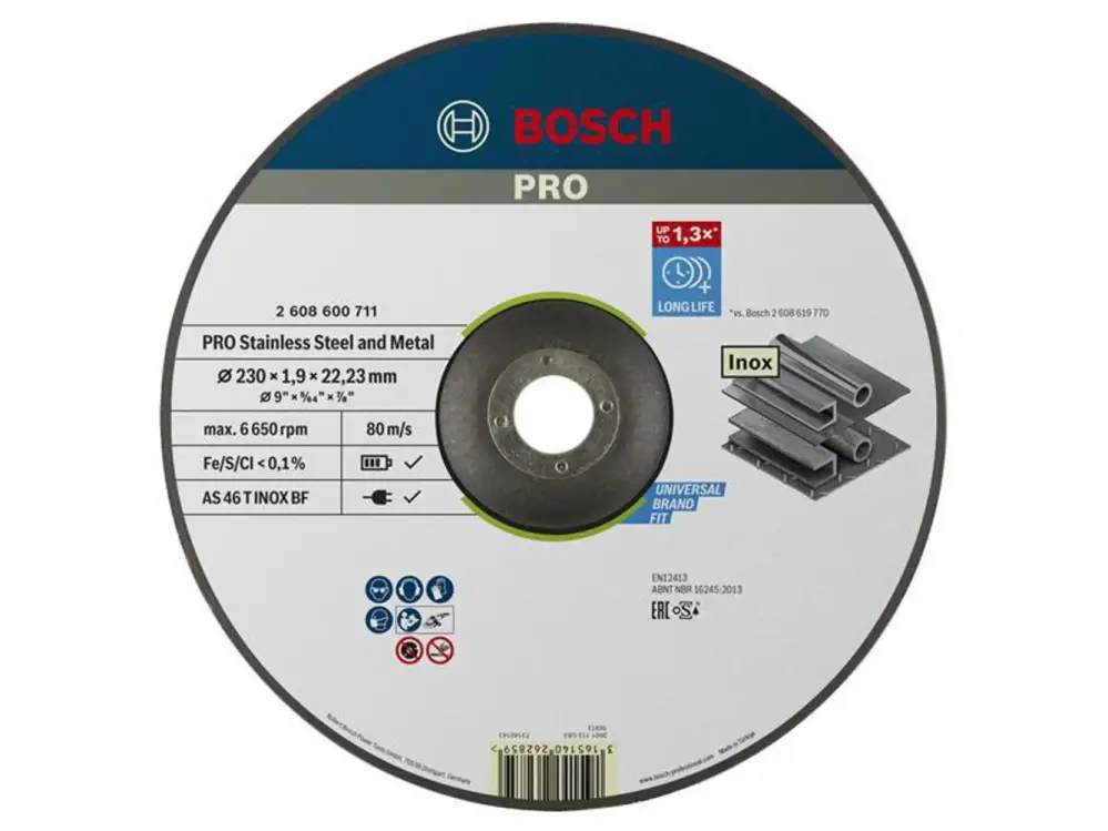 Bosch Powertool Accessories Pro Stainless Chromed & Metal Bonded Cutting Disc, Depressed Centre 230 X 22.23Mm
