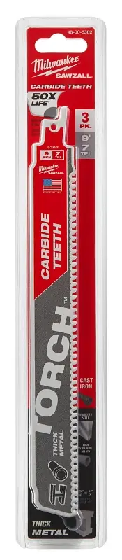 Milwaukee TORCH 48-00-5302 Series Reciprocating Saw Blade, 1 W, 9 L, 7 TPI, Carbide Cutting Edge, 3/PK