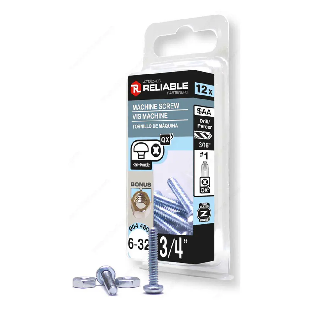 Zinc Plated Machine Pan Head Screw Nut and Quadrex Drive, 6-32 x 3/4" (12 Units)
