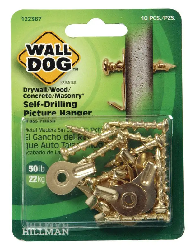 Hillman WALL DOG Brass-Plated Gold Self-Drilling Picture Hanger 50 lb 10 Pack 10