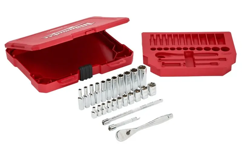 Milwaukee 48-22-9404 Ratchet and Socket Set, Alloy Steel, Shiny metal, Specifications: 1/4 Drive Size, SAE Measurement