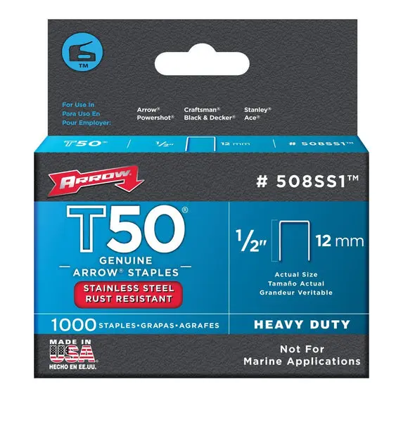Arrow 508SS1 Stainless Steel T50 Staples 1/2 Inch Corrosion Resistant