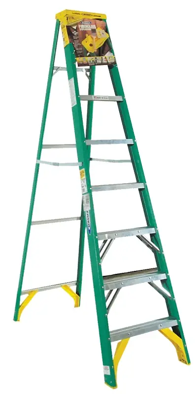 WERNER 5908 Step Ladder, 12 ft Max Reach H, 7-Step, 225 lb, Type II Duty Rating, 3 D Step, Fiberglass, Lemon