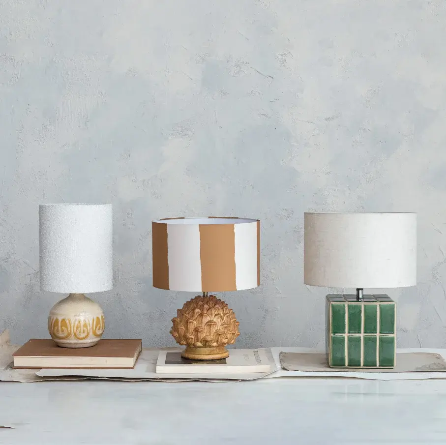 Hand Blown Glass Ceramic Tiled Table Lamp w/ Flax Shade