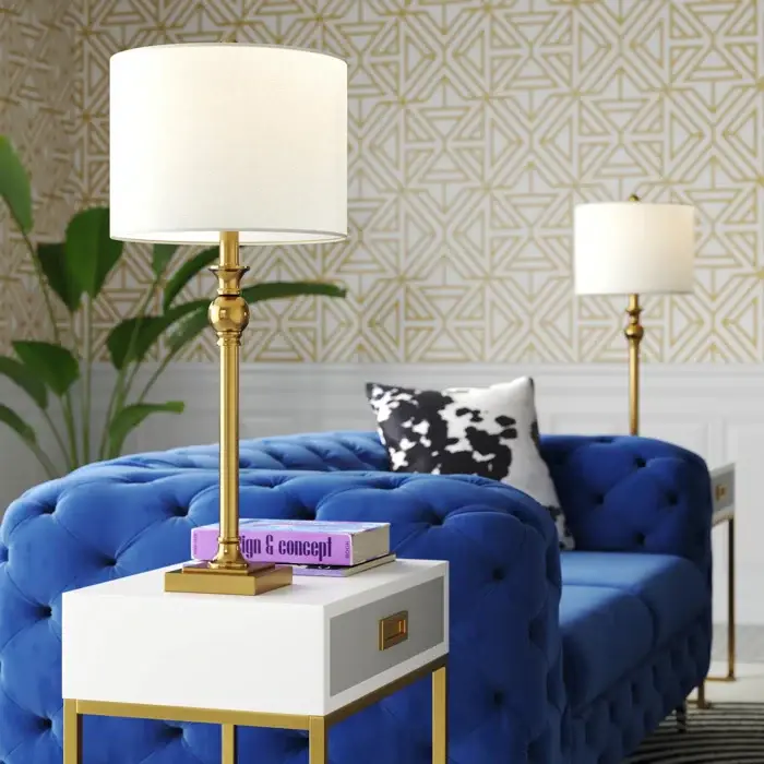 Maxax Gold Metal Table Lamp set 2 Pearl Drum Shades #T110