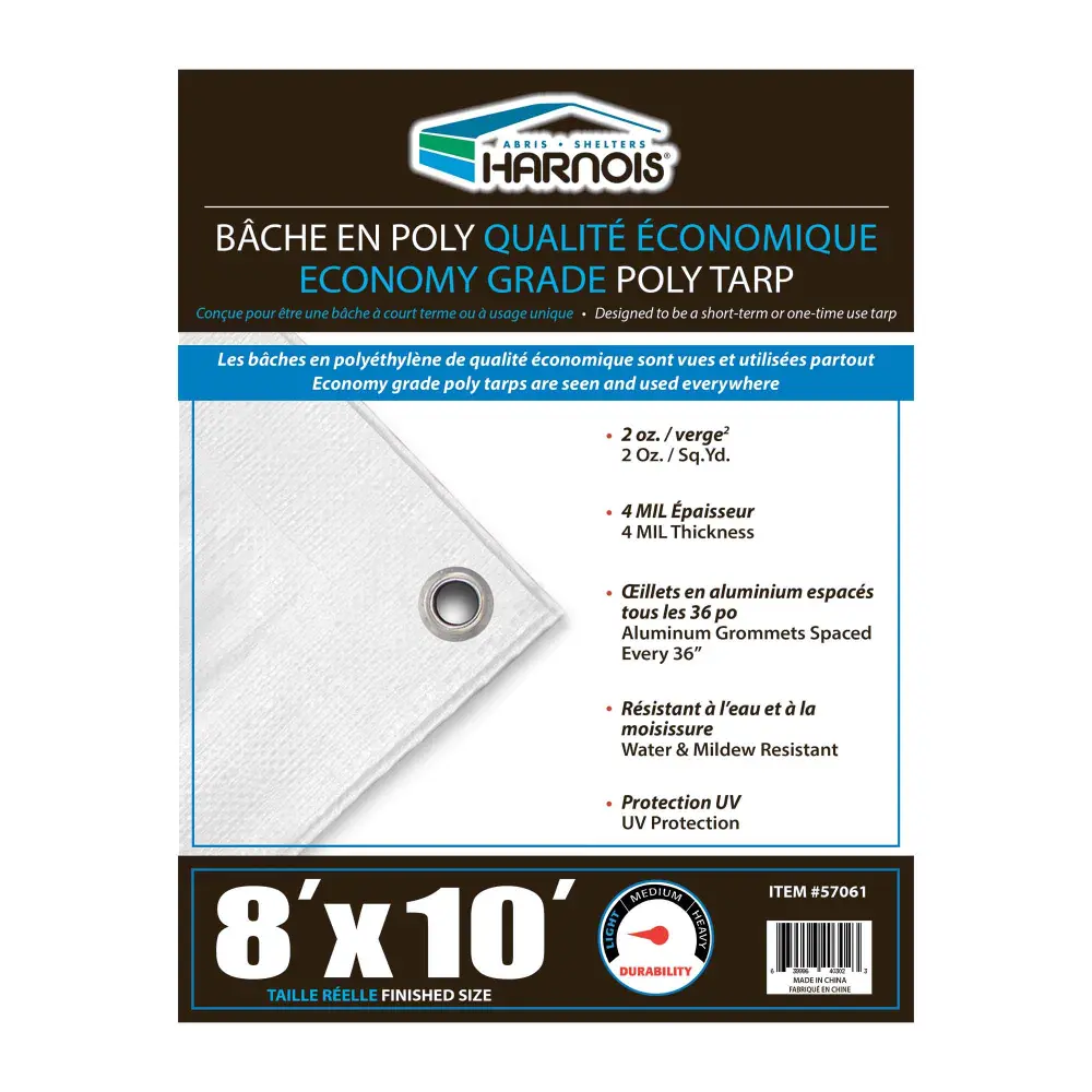 Economy Grade Lucid White Poly Tarps, 8' x 10'