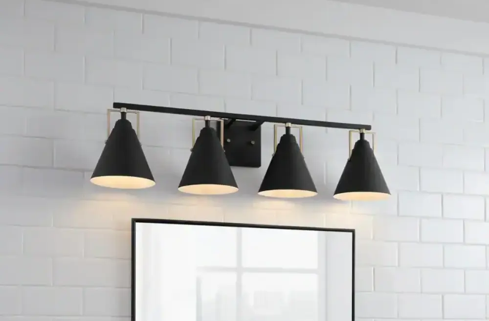 32.75 . 4-Light Dull Black Bathroom Vanity Satin Brass Accents